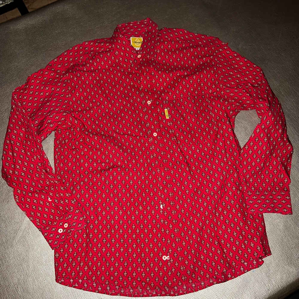 Les Olivades MENS red print button front shirt made in France size large cotton
